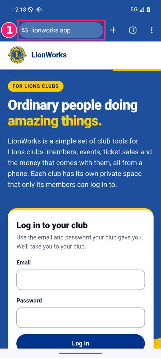 Step 1: the LionWorks page open in Chrome, the address bar marked