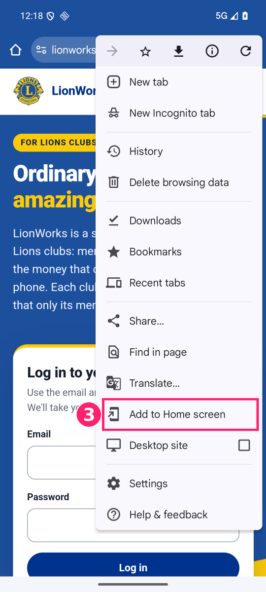 Step 3: Add to Home screen marked in the menu