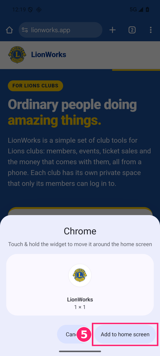 Step 5: the Add to home screen button marked